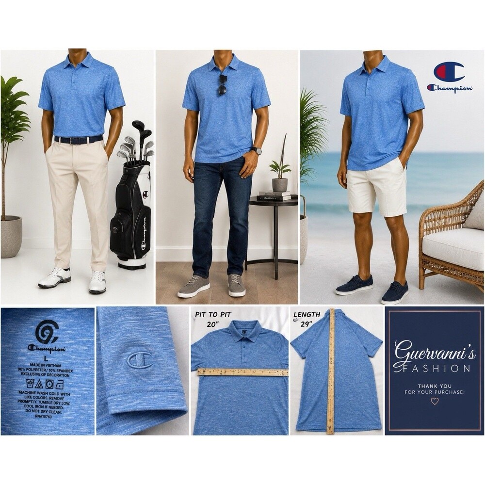 Champion Golf Blue Stripe Polo Shirt Mens Sz L Quick Dry Fabric Stretch Athletic